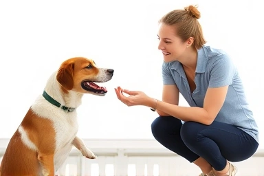 Happy dog receiving praise and treat from owner