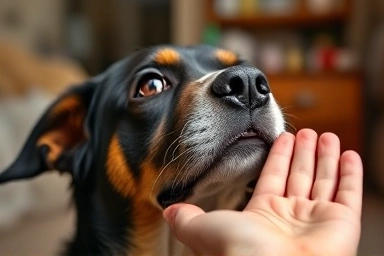 Dog looking lovingly at owner during praise session