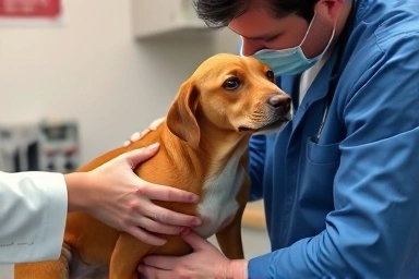 Veterinarian examining pregnant dog with ultrasound.