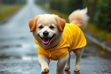 Happy dog in yellow raincoat, dry fur on a rainy walk.