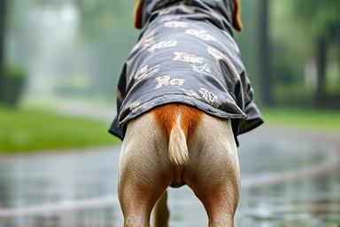 Dog raincoat protecting fur from mud and water splashes.