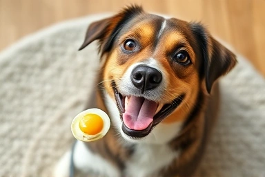 Happy dog eating cooked egg safely
