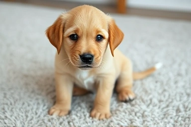 Worried golden retriever puppy about to scoot