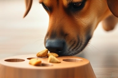 Dog actively engaged with a nosework puzzle toy for mental stimulation.