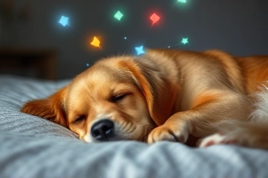Dog sleeping and dreaming peacefully on a bed.