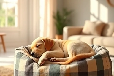Peaceful puppy sleeping in a cozy bed.