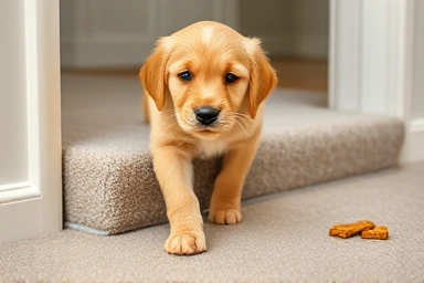 Happy puppy learning to climb stairs with treats