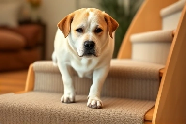 Senior dog using a comfortable ramp stair safely
