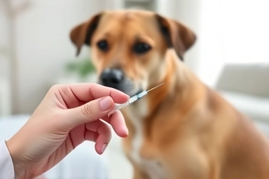 Caring hand giving dog subcutaneous injection at home