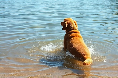 Happy dog swimming safely in shallow water.