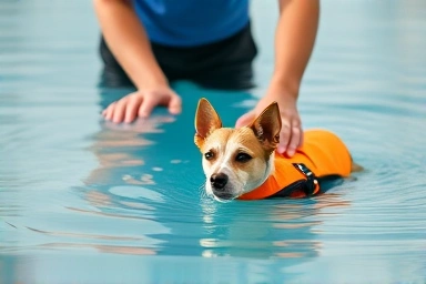Owner guides dog with life vest in dog pool.