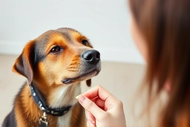 Owner rewarding dog with healthy training treat for good behavior.