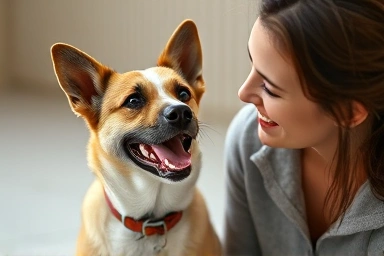 Owner communicating with attentive dog using voice tone