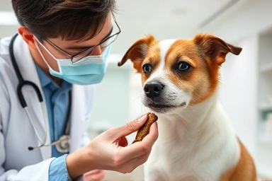 Vet observing dog eating functional treat