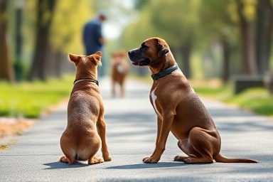 Calm dog training achieved through positive reinforcement and distance.