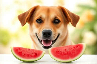 Healthy dog enjoying a safe piece of watermelon