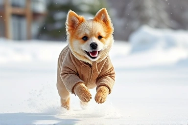 Dog wearing winter all-in-one suit, happy and active outdoors.