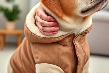 Close-up on dog winter all-in-one suit, showing material and design.