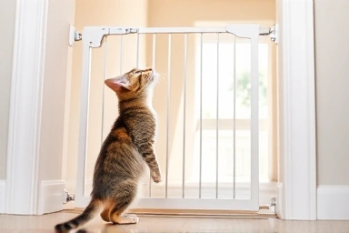 Agile cat assessing a tall safety gate in a home.