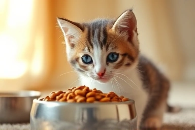 Playful kitten and premium high-protein food bowl