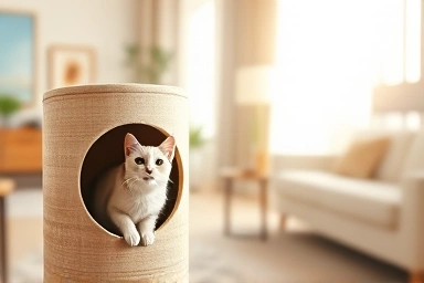 Cozy living room with a curious cat exploring a cat tree.