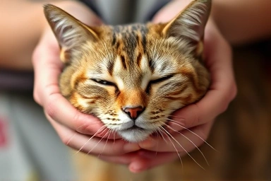 Gentle hands petting a happy, contented cat.