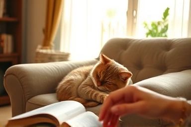 Peaceful cat sleeping in sunlit room, human nearby