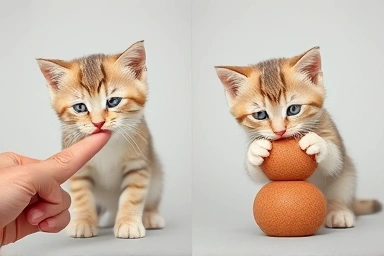 Kitten biting vs. playing with toy.