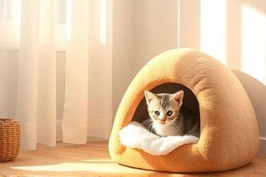 Cozy corner with a cat bed and kitten peeking out.