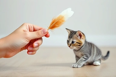 Human hand playing with a kitten using a feather wand toy.