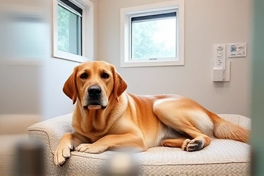Comfortable large dog relaxing in a private hotel room.