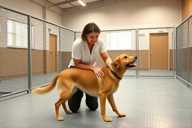 Professional care for large dogs at a specialized hotel.