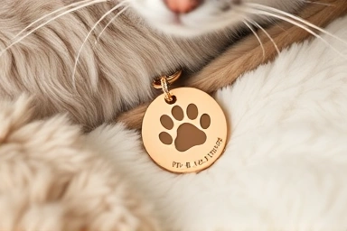 Lightweight silicone cat ID tag on a soft blanket.