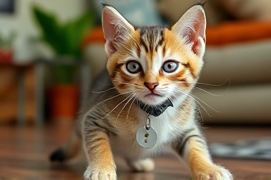 Kitten playing with a light acrylic cat ID tag.