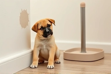 Confused puppy, dog potty training tray with post, marking solution.