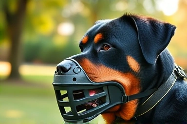 Calm Rottweiler wearing a safe muzzle outdoors