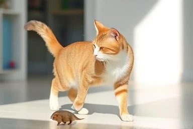 Active cat playing with a toy mouse