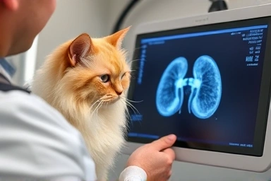 Veterinarian examining Persian cat ultrasound for kidney health.