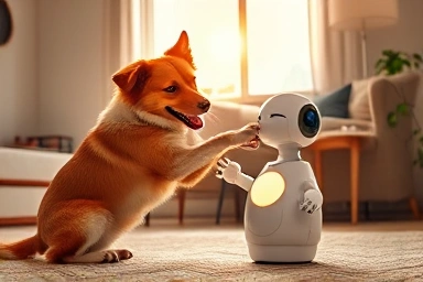 Happy dog playing with smart AI pet toy indoors.