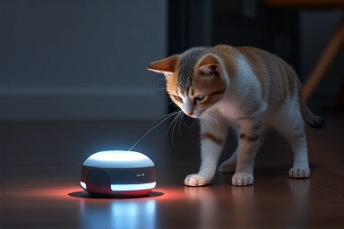 Curious cat interacting with an advanced AI pet toy.
