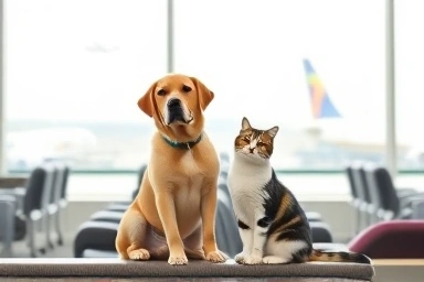 Happy pets in airport lounge awaiting flight.