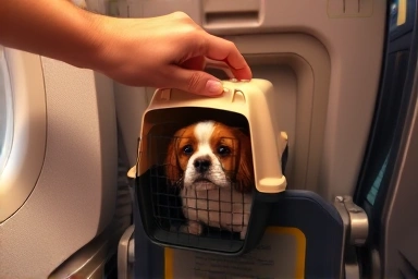 Securing pet carrier safely for airline travel.