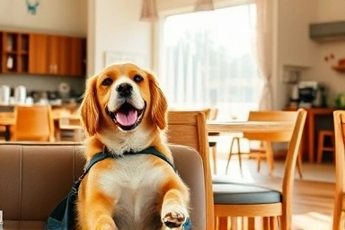 Happy dog and owner at a cozy pet cafe.