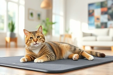 Cat relaxing on a cooling mat in summer.