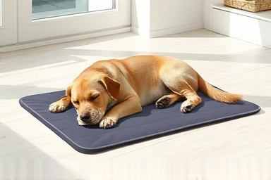 Dog sleeping peacefully on a cooling pad.