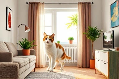 Happy cat using a modern pet door in a cozy living room.
