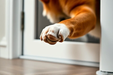 Dog's paw opening a pet door, symbolizing independence.