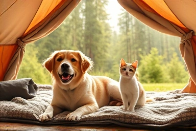 Happy pets relaxing in a luxury glamping tent.