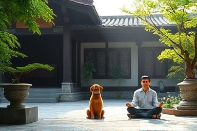 Serene temple courtyard with owner and dog meditating peacefully.