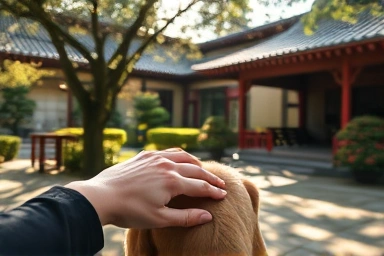 Gentle interaction between owner and pet in a tranquil temple garden.
